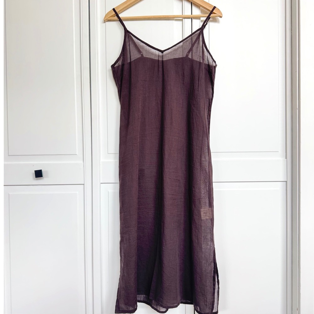 Maison Hotel Espresso Brown Cotton Voile Midi Slip Dress Adjustable Straps Sheer